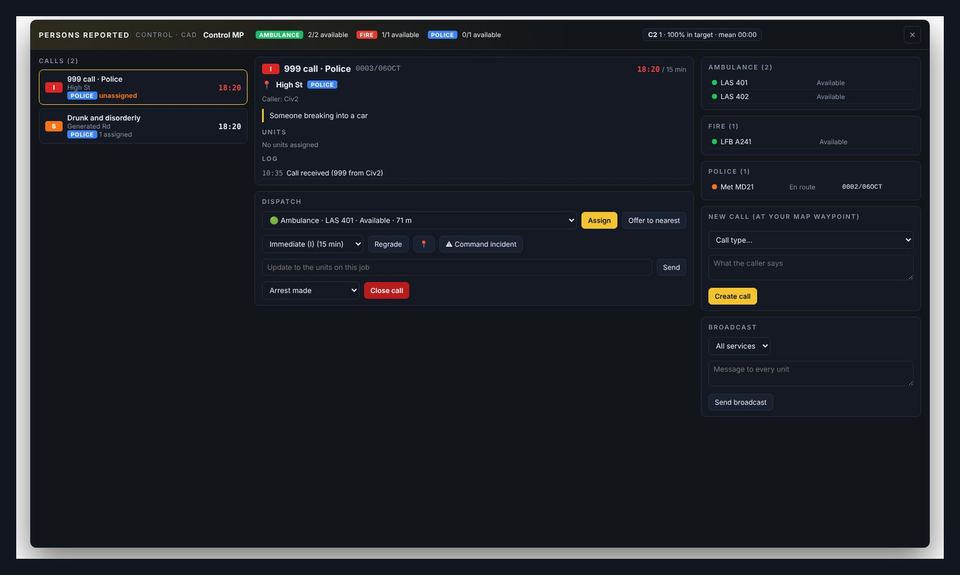 The CAD with 999 calls and units